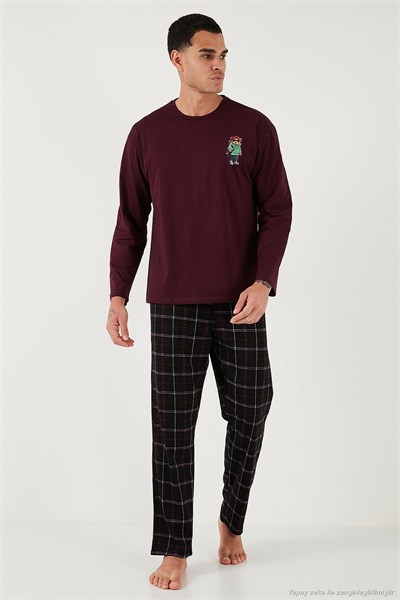 Ekoseli Regular Fit Yüksek Bel Cepli Bisiklet Yaka Erkek Pijama Takımı 6574002 SİYAH-BORDO