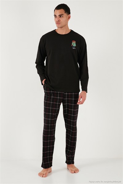 Ekoseli Regular Fit Yüksek Bel Cepli Bisiklet Yaka Erkek Pijama Takımı 6574002 SİYAH-SİYAH