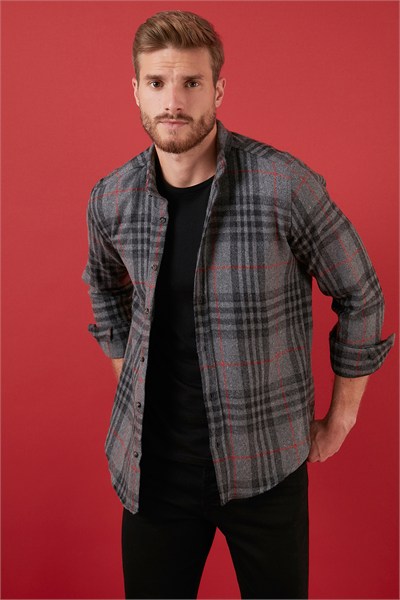 Ekoseli Uzun Kollu Slim Fit Kışlık Erkek Gömlek CF21W112844 ANTRASİT