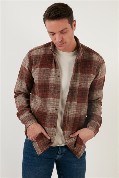 Ekoseli Uzun Kollu Slim Fit Kışlık Erkek Gömlek CF21W112844 VİZON