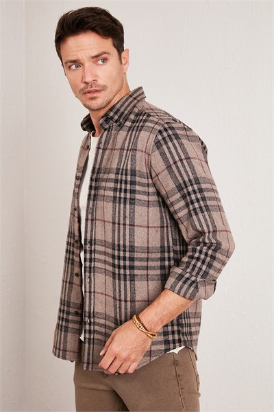 Ekoseli Uzun Kollu Slim Fit Kışlık Erkek Gömlek CF21W112844 CAMEL