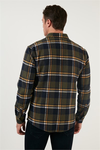 Ekoseli Uzun Kollu Slim Fit Kışlık Erkek Gömlek CF21W112844 HAKİ-SARI