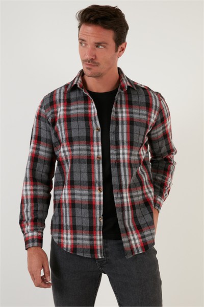Ekoseli Uzun Kollu Slim Fit Kışlık Erkek Gömlek CF21W112844 GRİ
