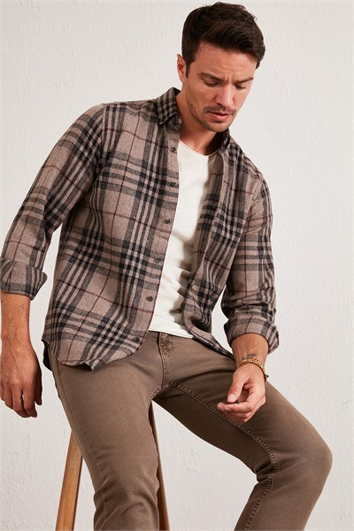 Ekoseli Uzun Kollu Slim Fit Kışlık Erkek Gömlek CF21W112844 CAMEL