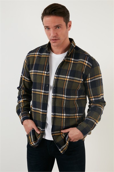 Ekoseli Uzun Kollu Slim Fit Kışlık Erkek Gömlek CF21W112844 HAKİ-SARI