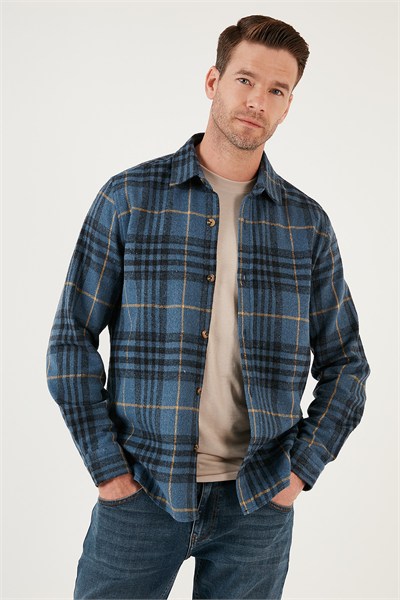 Ekoseli Uzun Kollu Slim Fit Kışlık Erkek Gömlek CF21W112844 İNDİGO