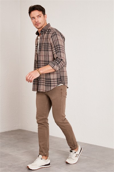 Ekoseli Uzun Kollu Slim Fit Kışlık Erkek Gömlek CF21W112844 CAMEL
