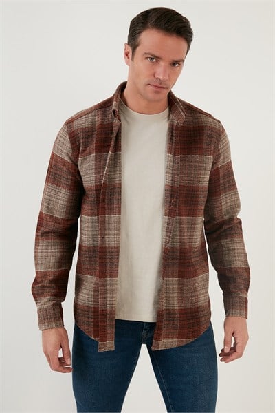 Ekoseli Uzun Kollu Slim Fit Kışlık Erkek Gömlek CF21W112844 VİZON