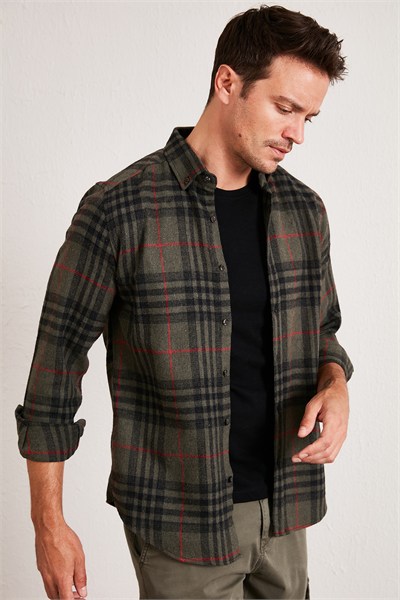Ekoseli Uzun Kollu Slim Fit Kışlık Erkek Gömlek CF21W112844 HAKİ