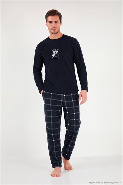 Ekoseli Yumuşak Dokulu Bisiklet Yaka Polar Erkek Pijama Takımı 6097044 LACİVERT