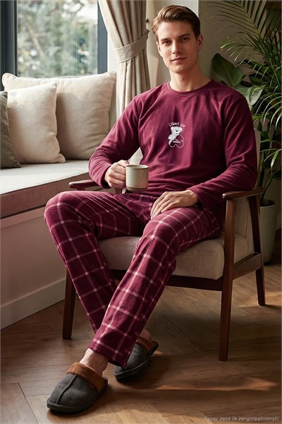 Ekoseli Yumuşak Dokulu Bisiklet Yaka Polar Erkek Pijama Takımı 6097044 BORDO