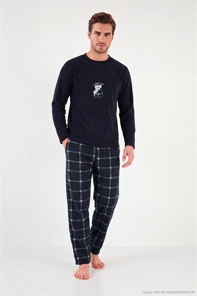 Ekoseli Yumuşak Dokulu Bisiklet Yaka Polar Erkek Pijama Takımı 6097044 LACİVERT