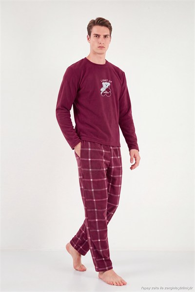 Ekoseli Yumuşak Dokulu Bisiklet Yaka Polar Erkek Pijama Takımı 6097044 BORDO