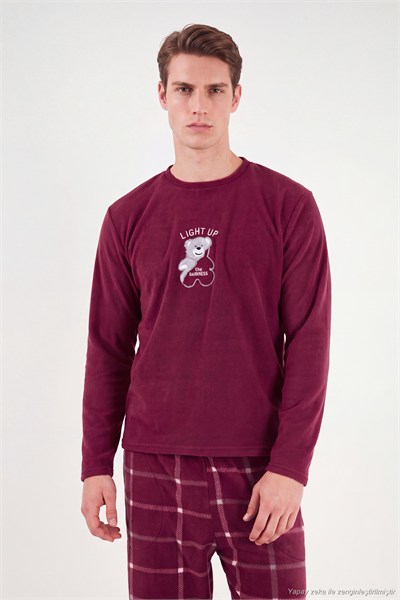 Ekoseli Yumuşak Dokulu Bisiklet Yaka Polar Erkek Pijama Takımı 6097044 BORDO