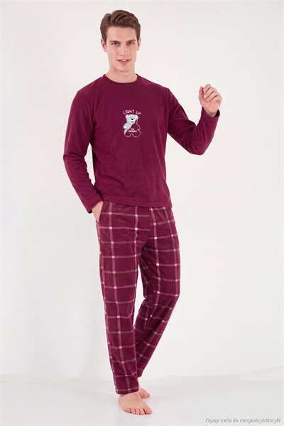 Ekoseli Yumuşak Dokulu Bisiklet Yaka Polar Erkek Pijama Takımı 6097044 BORDO
