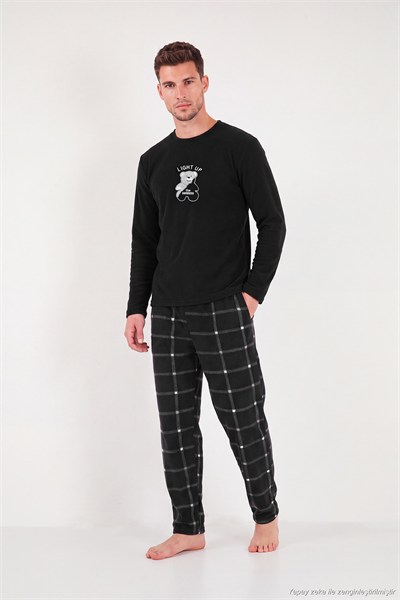 Ekoseli Yumuşak Dokulu Bisiklet Yaka Polar Erkek Pijama Takımı 6097044 SİYAH