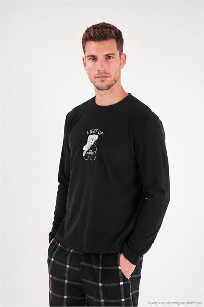 Ekoseli Yumuşak Dokulu Bisiklet Yaka Polar Erkek Pijama Takımı 6097044 SİYAH