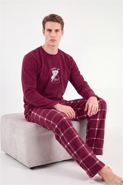 Ekoseli Yumuşak Dokulu Bisiklet Yaka Polar Erkek Pijama Takımı 6097044 BORDO