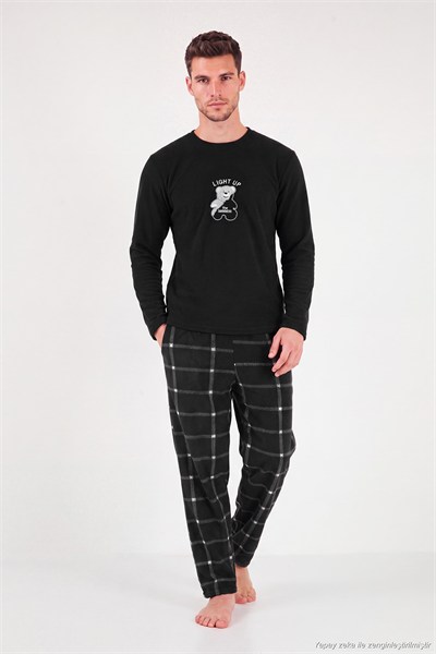 Ekoseli Yumuşak Dokulu Bisiklet Yaka Polar Erkek Pijama Takımı 6097044 SİYAH