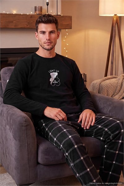 Ekoseli Yumuşak Dokulu Bisiklet Yaka Polar Erkek Pijama Takımı 6097044 SİYAH