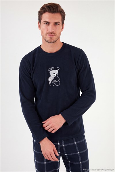 Ekoseli Yumuşak Dokulu Bisiklet Yaka Polar Erkek Pijama Takımı 6097044 LACİVERT