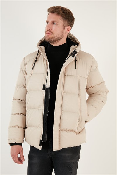 Fermuarlı Cepli Slim Fit Kapüşonlu Şişme Erkek Mont 5711050 TAŞ