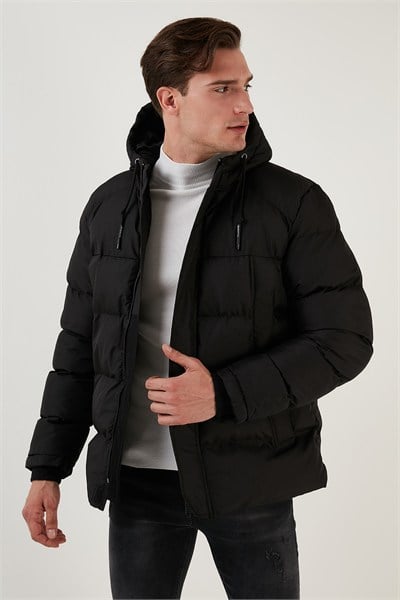 Fermuarlı Cepli Slim Fit Kapüşonlu Şişme Erkek Mont 5711050 SİYAH