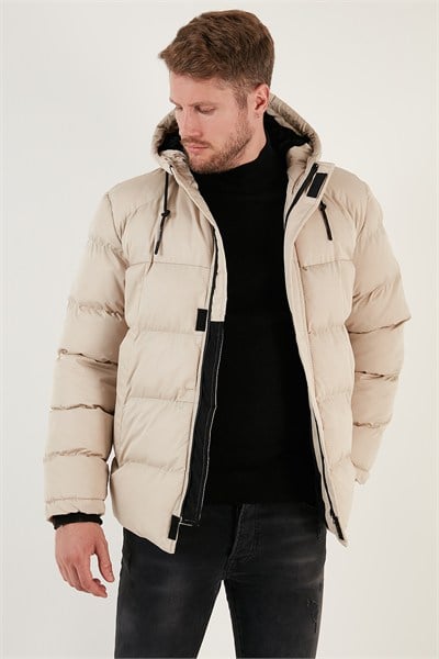 Fermuarlı Cepli Slim Fit Kapüşonlu Şişme Erkek Mont 5711050 TAŞ