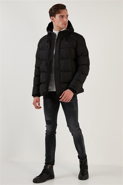 Fermuarlı Cepli Slim Fit Kapüşonlu Şişme Erkek Mont 5711050 SİYAH