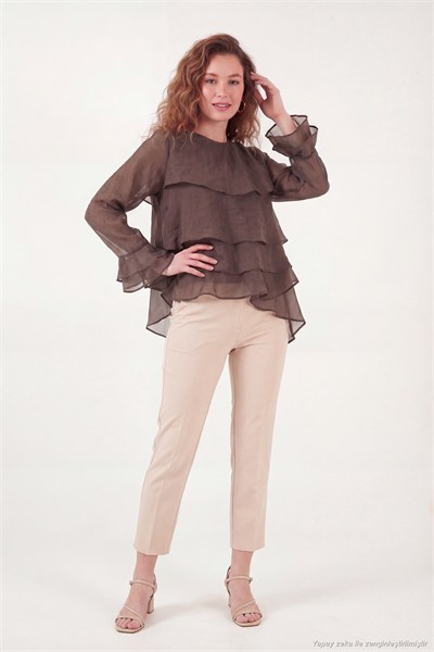 Fırfırlı Relaxed Fit Uzun Kollu Yuvarlak Kadın Bluz 6835049 KAHVE
