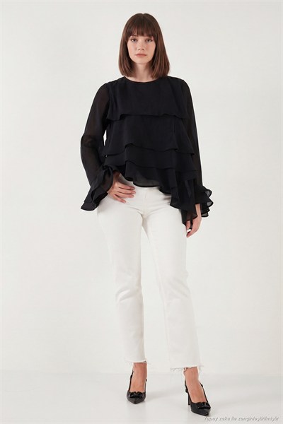 Fırfırlı Relaxed Fit Uzun Kollu Yuvarlak Kadın Bluz 6835049 SİYAH