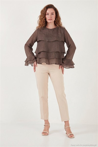 Fırfırlı Relaxed Fit Uzun Kollu Yuvarlak Kadın Bluz 6835049 KAHVE
