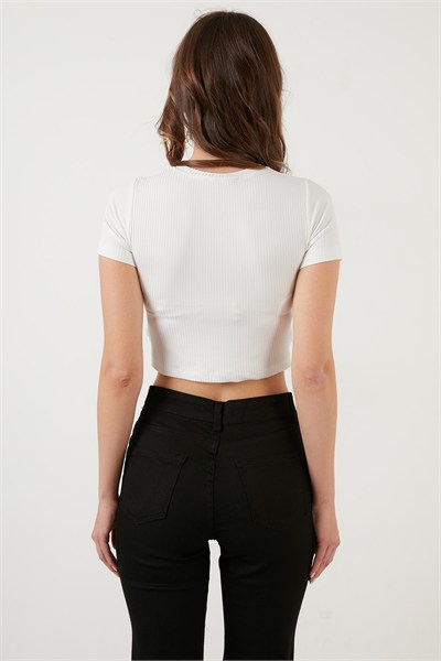 Fitilli Bel Detaylı Kısa Kollu Dar Kesim Crop Kadın Bluz 5864211 EKRU