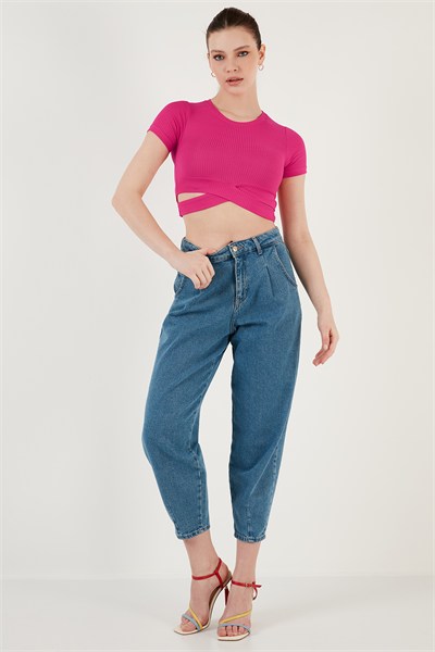 Fitilli Bel Detaylı Kısa Kollu Dar Kesim Crop Kadın Bluz 5864211 FUŞYA