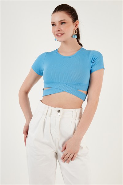 Fitilli Bel Detaylı Kısa Kollu Dar Kesim Crop Kadın Bluz 5864211 BEBE MAVİ