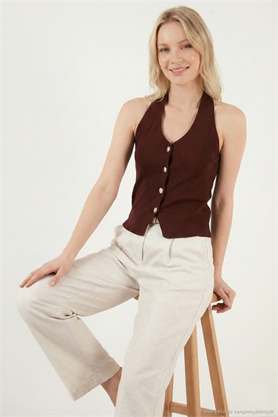 Fitilli Fitted Fit Halter Yaka Sırt Dekolteli Kadın Yelek 5866515 KAHVE