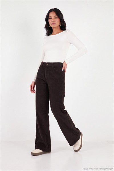 Fitilli Kadife Dokulu Bol Paça Wide Leg Kadın Pantolon 668YP5682 Acı Kahve