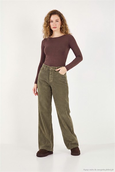 Fitilli Kadife Dokulu Bol Paça Wide Leg Kadın Pantolon 668YP5682 HAKİ