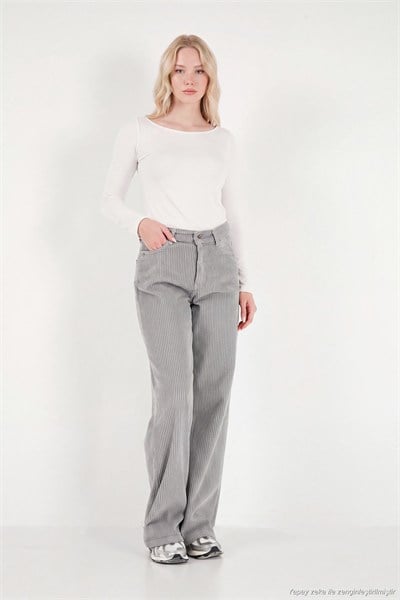 Fitilli Kadife Dokulu Bol Paça Wide Leg Kadın Pantolon 668YP5682 FÜME
