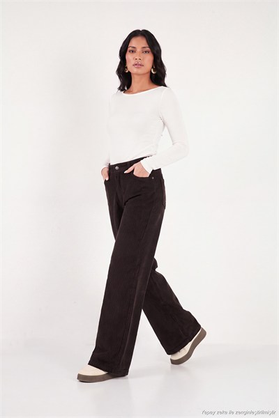 Fitilli Kadife Dokulu Bol Paça Wide Leg Kadın Pantolon 668YP5682 Acı Kahve