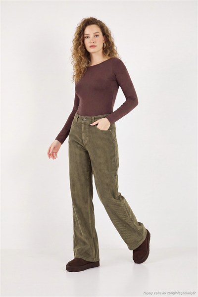Fitilli Kadife Dokulu Bol Paça Wide Leg Kadın Pantolon 668YP5682 HAKİ