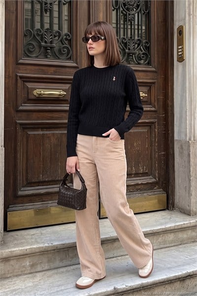 Fitilli Kadife Dokulu Bol Paça Wide Leg Kadın Pantolon 668YP5682 KOYU TAŞ