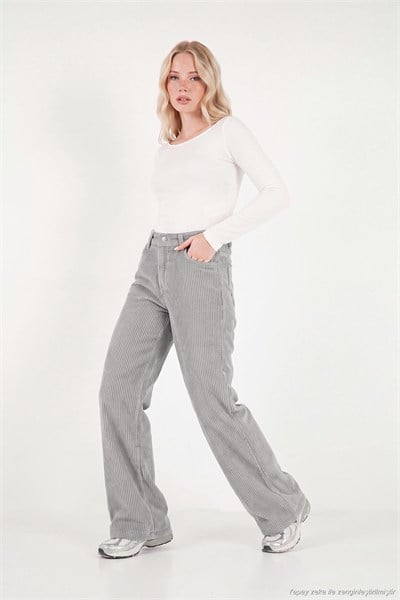 Fitilli Kadife Dokulu Bol Paça Wide Leg Kadın Pantolon 668YP5682 FÜME