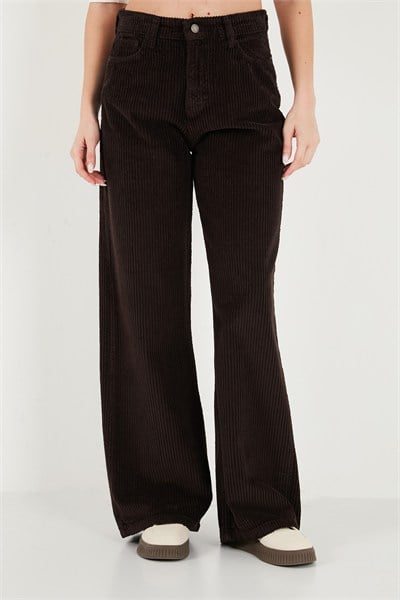 Fitilli Kadife Dokulu Bol Paça Wide Leg Kadın Pantolon 668YP5682 Acı Kahve