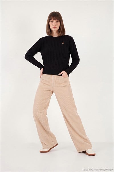 Fitilli Kadife Dokulu Bol Paça Wide Leg Kadın Pantolon 668YP5682 KOYU TAŞ