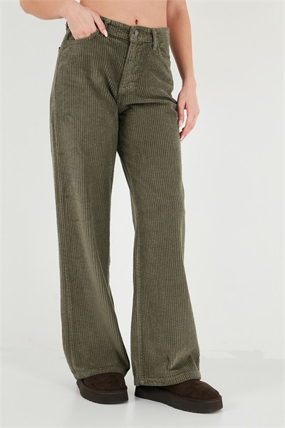Fitilli Kadife Dokulu Bol Paça Wide Leg Kadın Pantolon 668YP5682 HAKİ