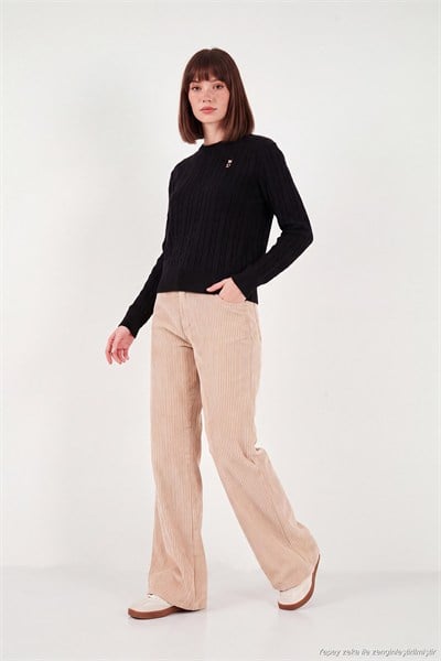 Fitilli Kadife Dokulu Bol Paça Wide Leg Kadın Pantolon 668YP5682 KOYU TAŞ