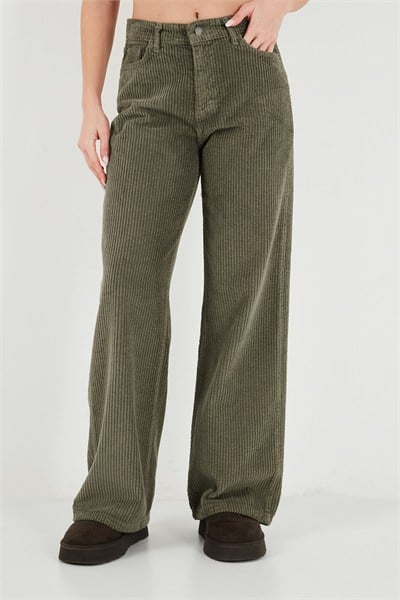 Fitilli Kadife Dokulu Bol Paça Wide Leg Kadın Pantolon 668YP5682 HAKİ