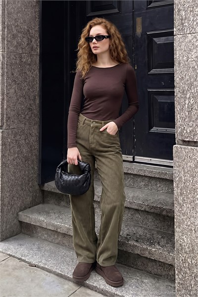 Fitilli Kadife Dokulu Bol Paça Wide Leg Kadın Pantolon 668YP5682 HAKİ