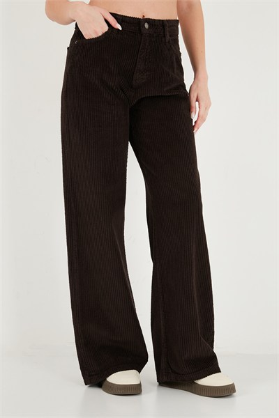 Fitilli Kadife Dokulu Bol Paça Wide Leg Kadın Pantolon 668YP5682 Acı Kahve